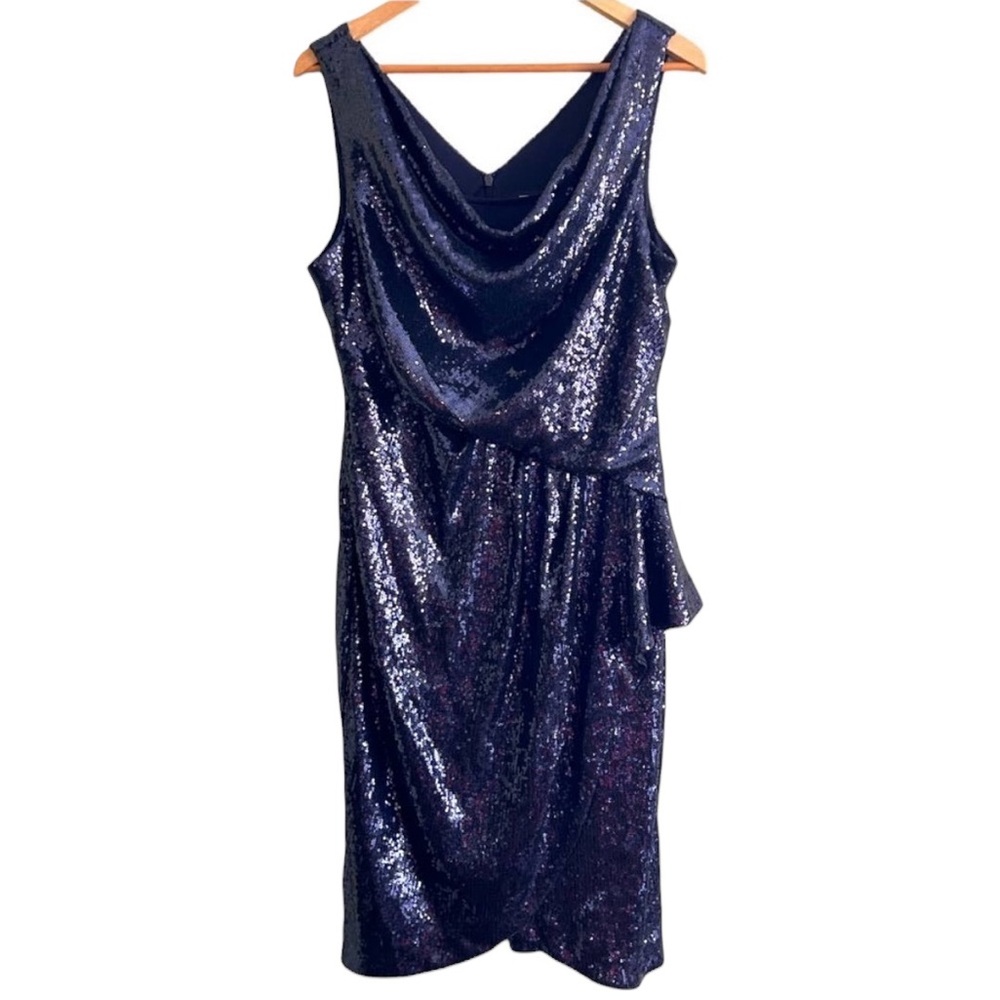 Alex Evenings Navy Sequin Cowl-Neck Sleeveless Knee-Length Gown Size 16